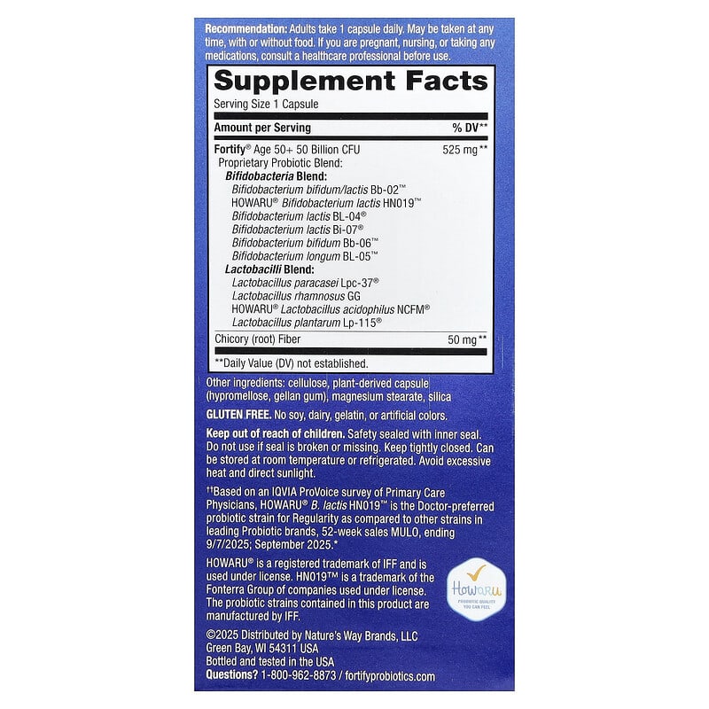 Nature's Way® Fortify® Probiotic Adults 50+ | 50 Billion CFU | 30 Cápsulas de Liberación Retardada
