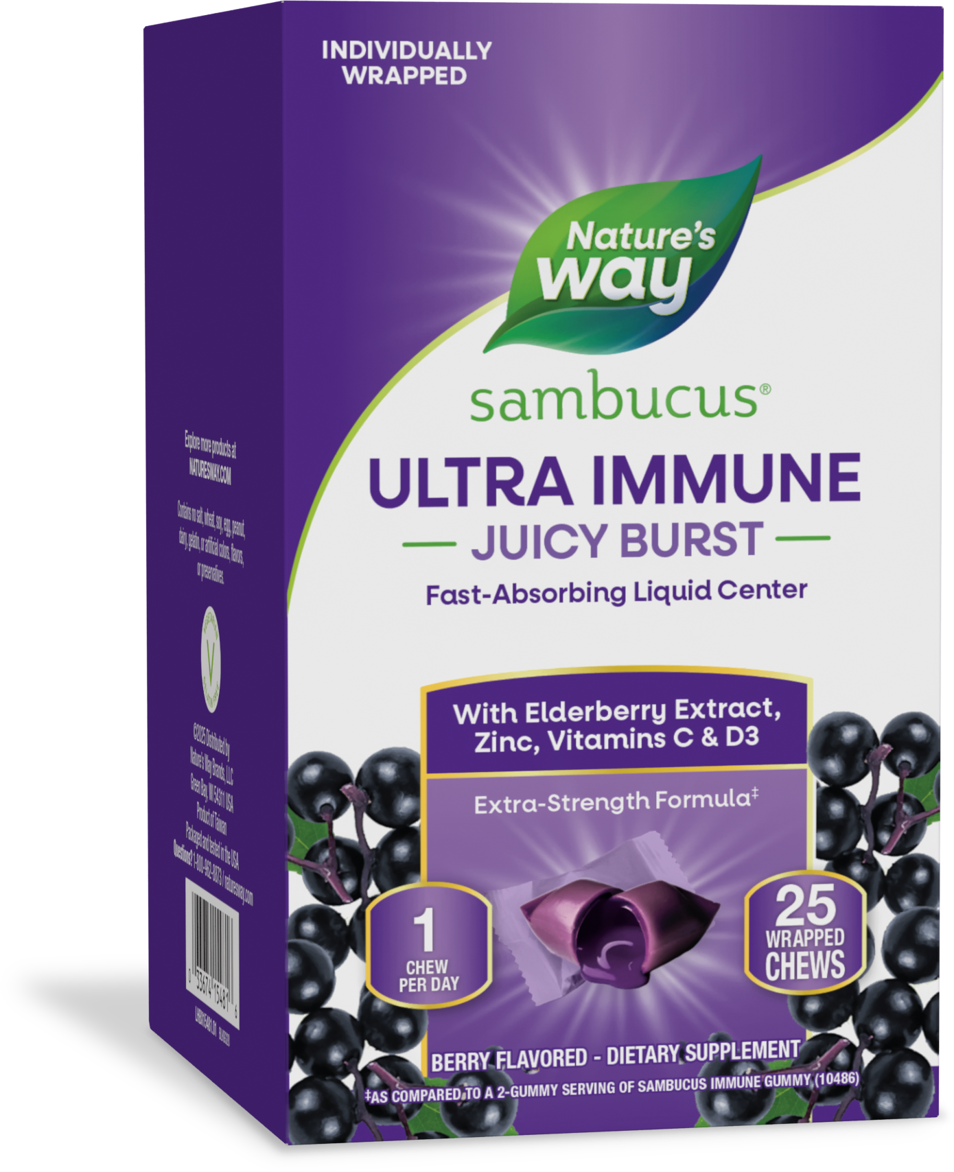 Nature's Way® Sambucus® Ultra Immune Juicy Burst | Gomas Masticables con Centro Líquido | Sabor Berry | 25 Unidades