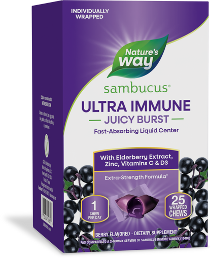 Nature's Way® Sambucus® Ultra Immune Juicy Burst | Gomas Masticables con Centro Líquido | Sabor Berry | 25 Unidades