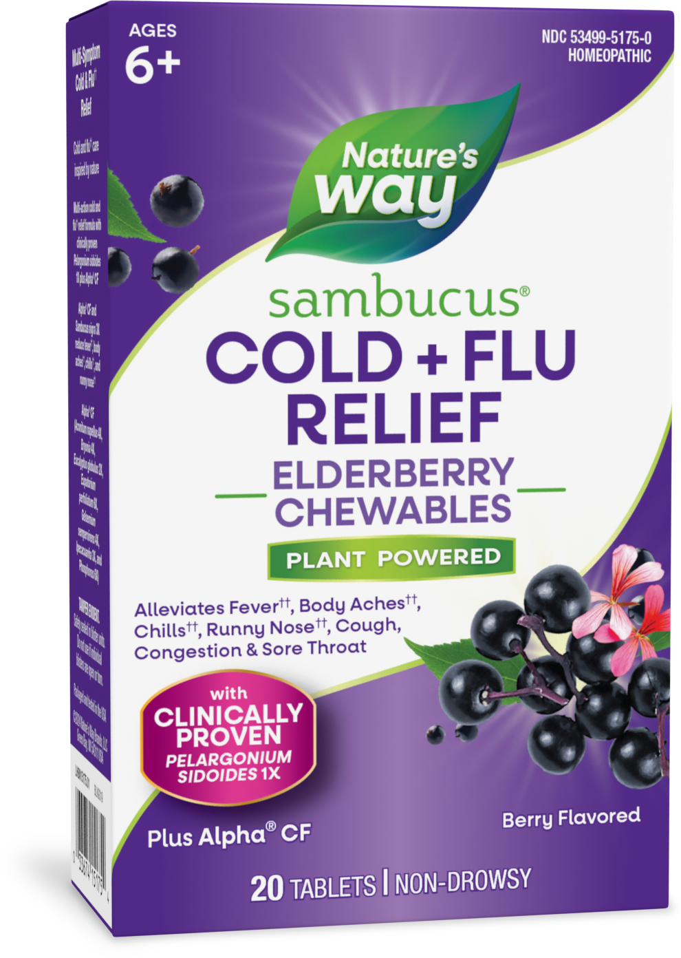 Nature's Way® Sambucus Cold + Flu Relief Elderberry Chewables | Tabletas Masticables de Saúco para Resfriado y Gripe | Sabor Berry | 20 Tabletas