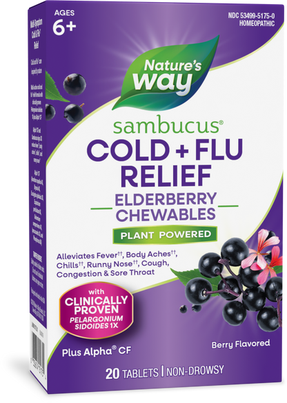 Nature's Way® Sambucus Cold + Flu Relief Elderberry Chewables | Tabletas Masticables de Saúco para Resfriado y Gripe | Sabor Berry | 20 Tabletas