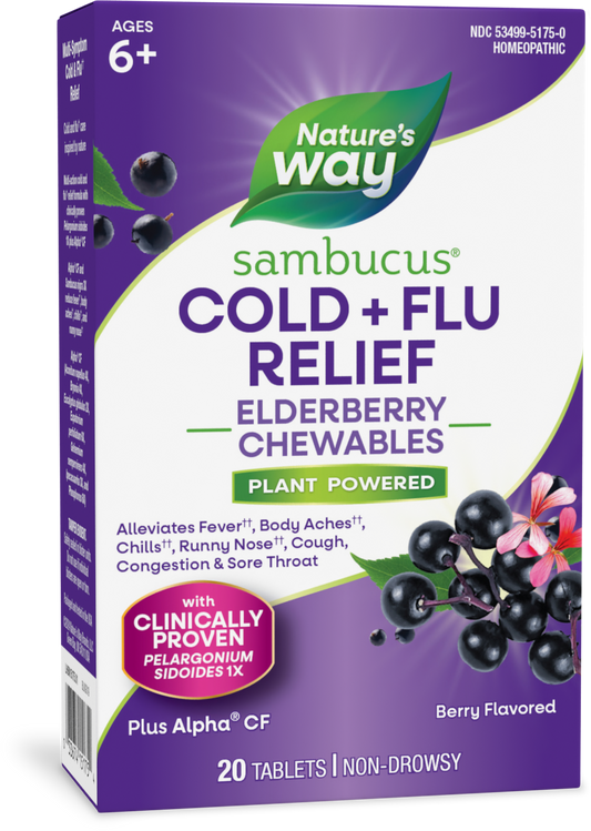 Nature's Way® Sambucus Cold + Flu Relief Elderberry Chewables | Tabletas Masticables de Saúco para Resfriado y Gripe | Sabor Berry | 20 Tabletas
