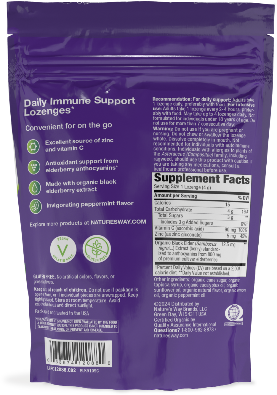 Nature's Way® Sambucus Immune Lozenges Organic Honey Lemon | Pastillas para Chupar Sabor Miel y Limón | 24 Pastillas