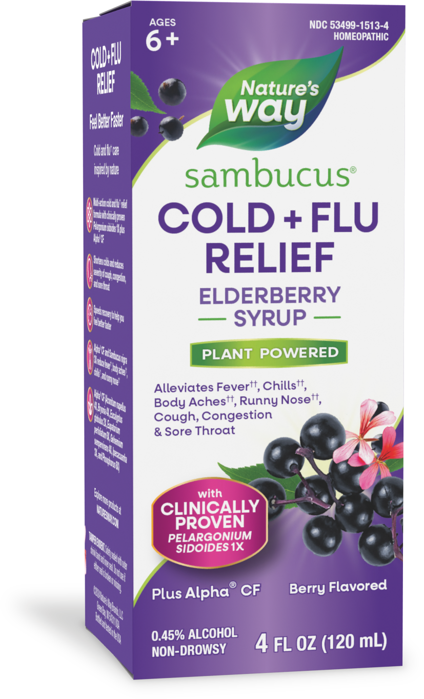 Nature's Way® Sambucus Cold + Flu Relief Elderberry Syrup | Jarabe de Saúco para Resfriado y Gripe | 4 fl oz (120 mL)