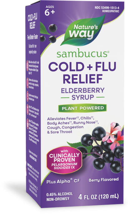 Nature's Way® Sambucus Cold + Flu Relief Elderberry Syrup | Jarabe de Saúco para Resfriado y Gripe | 4 fl oz (120 mL)