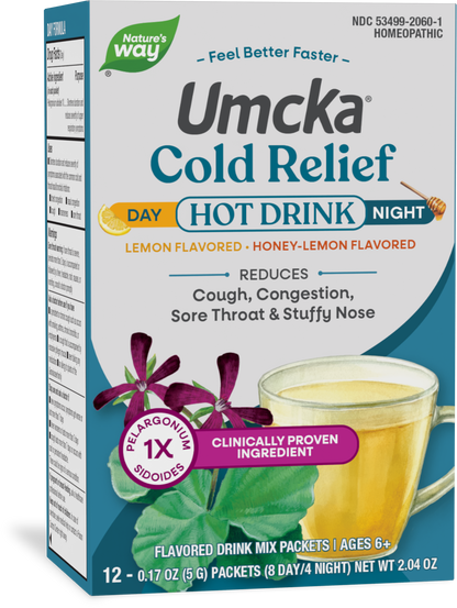 Nature's Way® Umcka® Cold Relief Day + Night Hot Drink | Bebida Caliente para el Alivio del Resfriado Día y Noche | 12 Sobres (5 g c/u)