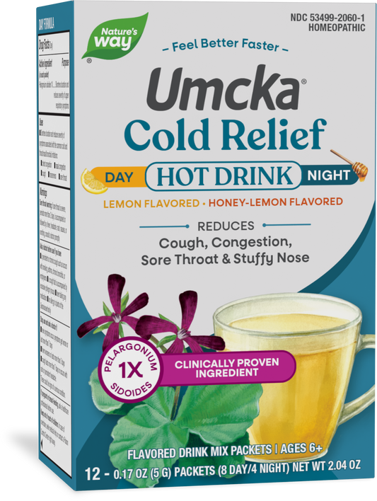 Nature's Way® Umcka® Cold Relief Day + Night Hot Drink | Bebida Caliente para el Alivio del Resfriado Día y Noche | 12 Sobres (5 g c/u)