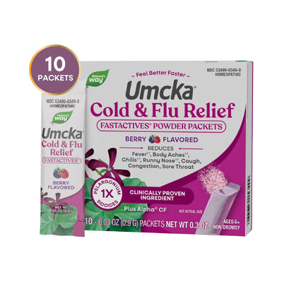 Nature's Way® Umcka® Cold + Flu Relief FastActives® Berry | Alivio Homeopático para Resfriado y Gripe | 10 Sobres de 0.9 g