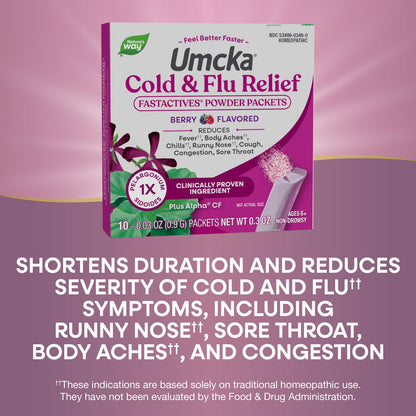 Nature's Way® Umcka® Cold + Flu Relief FastActives® Berry | Alivio Homeopático para Resfriado y Gripe | 10 Sobres de 0.9 g
