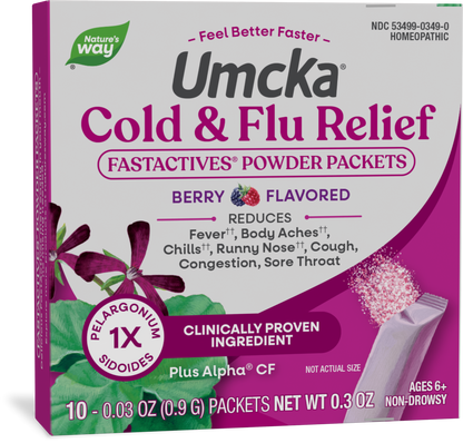 Nature's Way® Umcka® Cold + Flu Relief FastActives® Berry | Alivio Homeopático para Resfriado y Gripe | 10 Sobres de 0.9 g