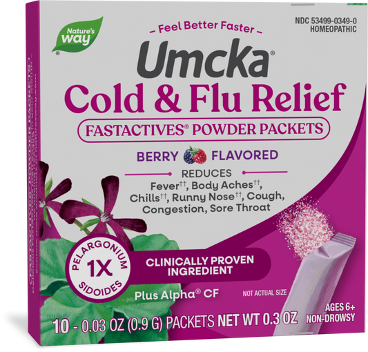 Nature's Way® Umcka® Cold + Flu Relief FastActives® Berry | Alivio Homeopático para Resfriado y Gripe | 10 Sobres de 0.9 g