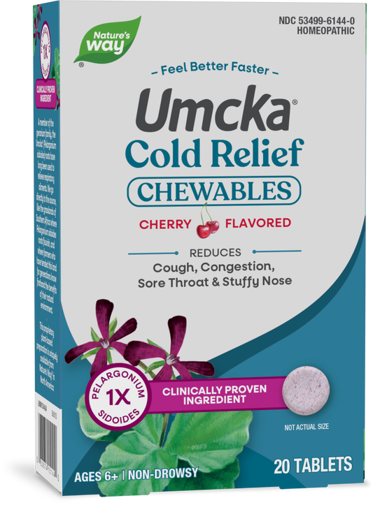 Nature's Way® Umcka® Cold Relief Chewables Cherry | Alivio Homeopático para el Resfriado | 20 Tabletas Masticables