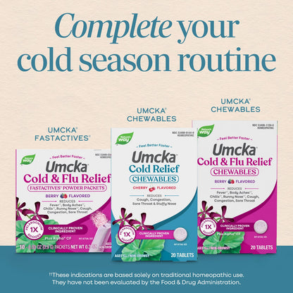 Nature's Way® Umcka® Cold Relief Chewables Cherry | Alivio Homeopático para el Resfriado | 20 Tabletas Masticables