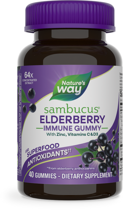 Nature's Way® Sambucus® Immune Gummies | Saúco Negro, Vitamina C, Vitamina D3 y Zinc | 40 Gomitas