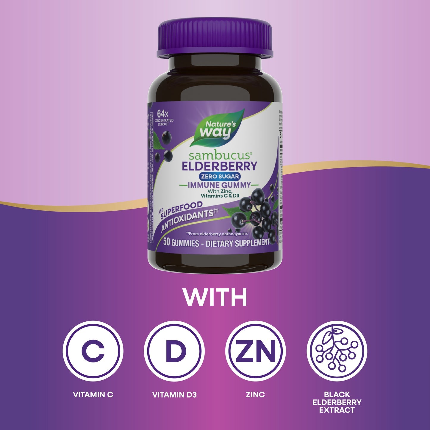 Nature's Way® Sambucus® Zero Sugar Immune Gummies | Gomitas de Saúco Negro Sin Azúcar | 50 Gomitas