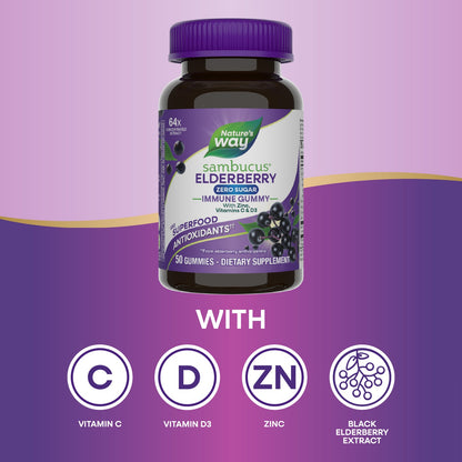 Nature's Way® Sambucus® Zero Sugar Immune Gummies | Gomitas de Saúco Negro Sin Azúcar | 50 Gomitas
