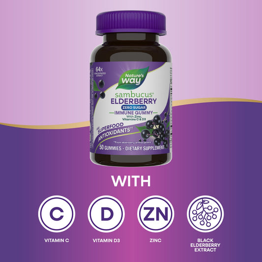 Nature's Way® Sambucus® Zero Sugar Immune Gummies | Gomitas de Saúco Negro Sin Azúcar | 50 Gomitas