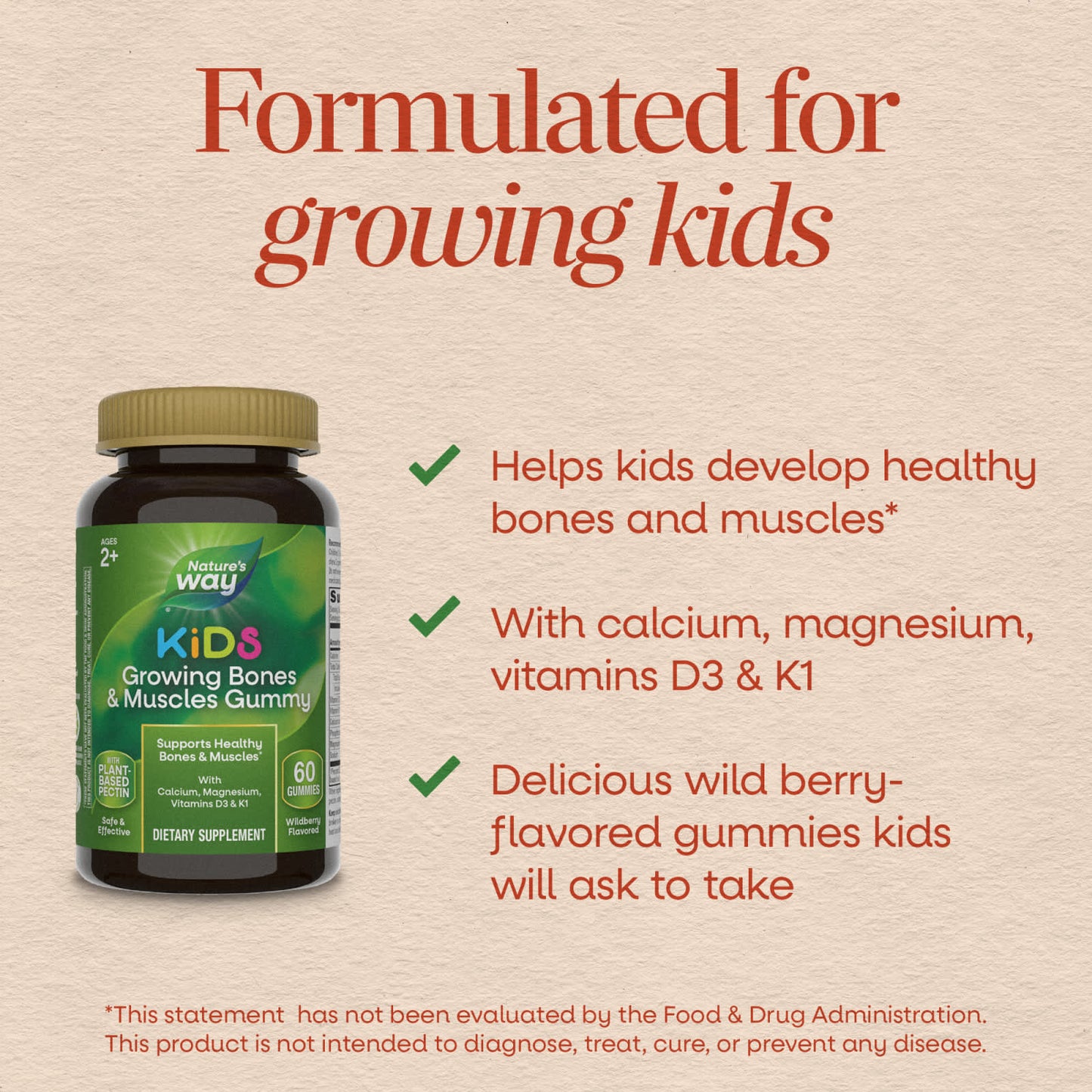 Nature's Way® Kids Growing Bones & Muscles Gummies | Wildberry | 60 Gomitas
