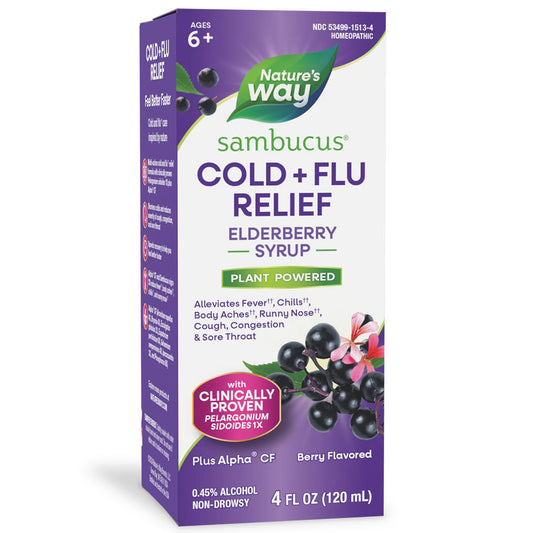 Nature's Way® Sambucus Cold + Flu Relief Elderberry Syrup | Jarabe de Saúco para Resfriado y Gripe | 4 fl oz (120 mL)