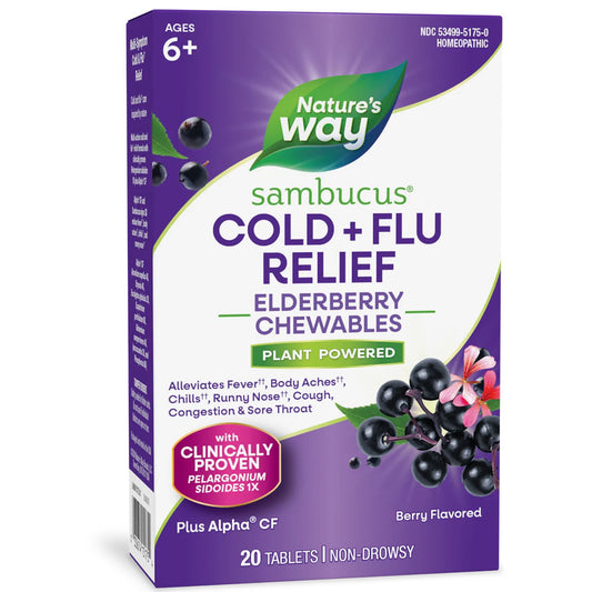 Nature's Way® Sambucus Cold + Flu Relief Elderberry Chewables | Tabletas Masticables de Saúco para Resfriado y Gripe | Sabor Berry | 20 Tabletas