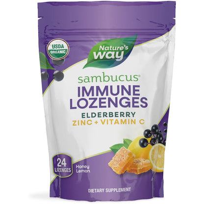 Nature's Way® Sambucus Immune Lozenges Organic Honey Lemon | Pastillas para Chupar Sabor Miel y Limón | 24 Pastillas